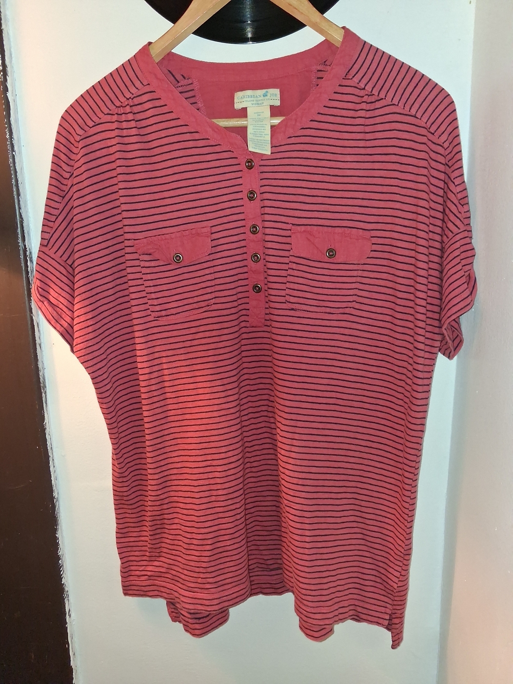 Caribbean Joe Coral and Navy Striped Henley Tee